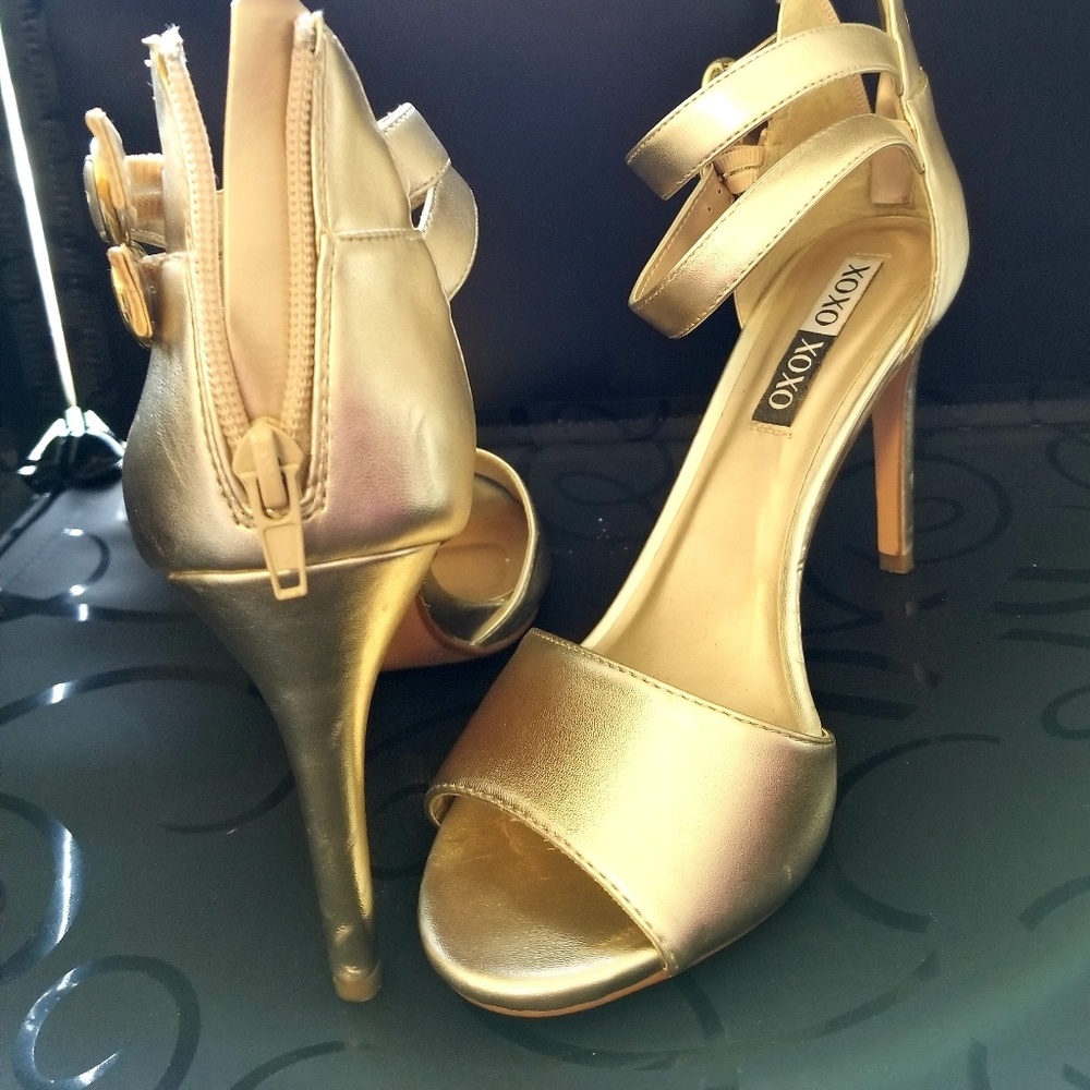 Gold open toe heel